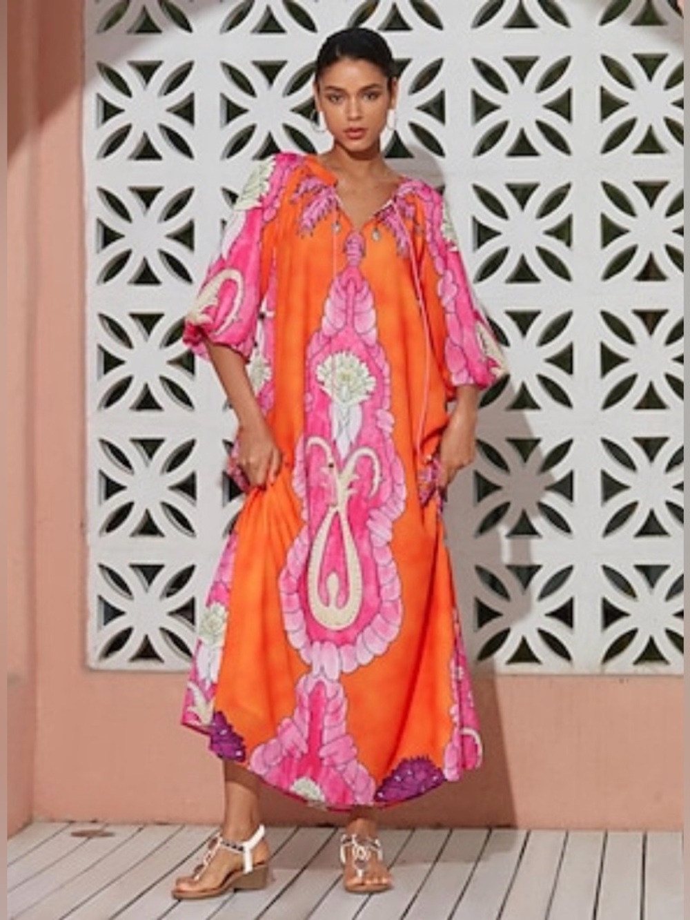 ADOR Orange Pink Print Midi Dress M Boho Loose Vacation Caftan